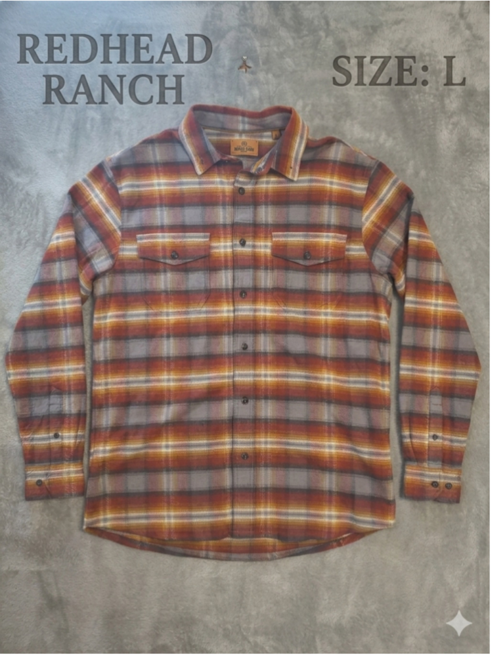RedHead Ranch Men's Large Plaid Flannel Button Down Shirt Sunset Orange Grey L